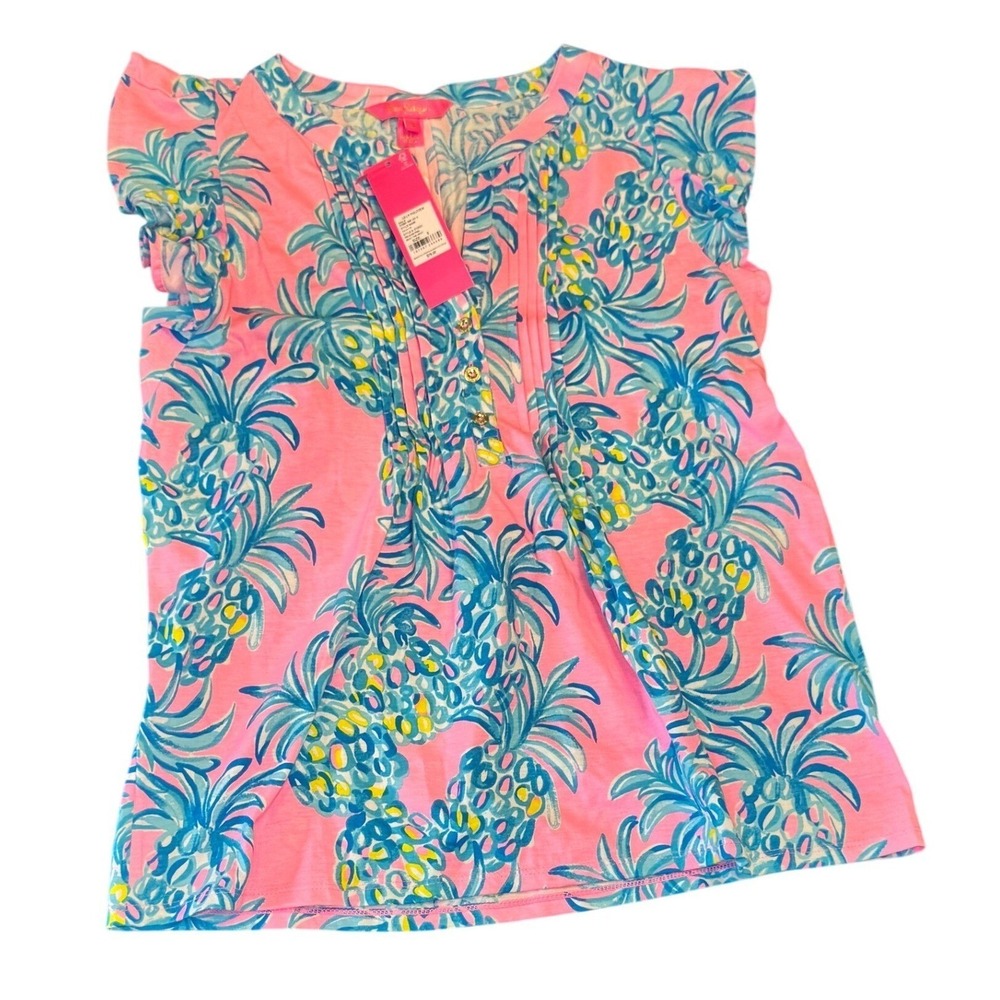 Lilly Pulitzer Golda Top‎ Pelican Pink Beat The Heat Pineapple Ruffle Blouse